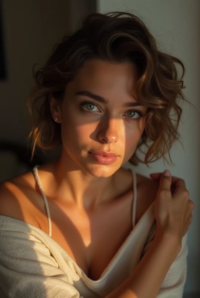 Breathtaking cinematic photo of a 30 year old girl with cheveux bruns and yeux bruns, content, expression joyeuse, bouche ouverte, beau lips, Intricate details, faible profondeur de champ, highly detailed, High Budget, film Hollywoodien épique, magnifique, Masterpiece, award winner, professionnel, highly detailed, detailed skin texture, (rougir: 0.5), (chair de poule: 0.5). (the most beau woman in the world) (cheveux bruns) (short curly hair, poils sauvages, elegant coupe) visage mince,, beau, very beau, Parfait face, Mince body (Mince), (cheveux bruns) (yeux bruns ) (peau blanche) beau corps, Face Ouest, Yeux predators, pink lips, thick thighs. corps entier, Beauté occidentale, nez mince, beau, Parfait, ((Best quality)), ((Ultra Resolution)), ((photoreallistic: 1.4)), (Intricate details), Parfait face, Makeup: 1.5 , visage clair, face details. Vue de face ((uniforme, costume tactique, déguisement d'agent, ESPION))