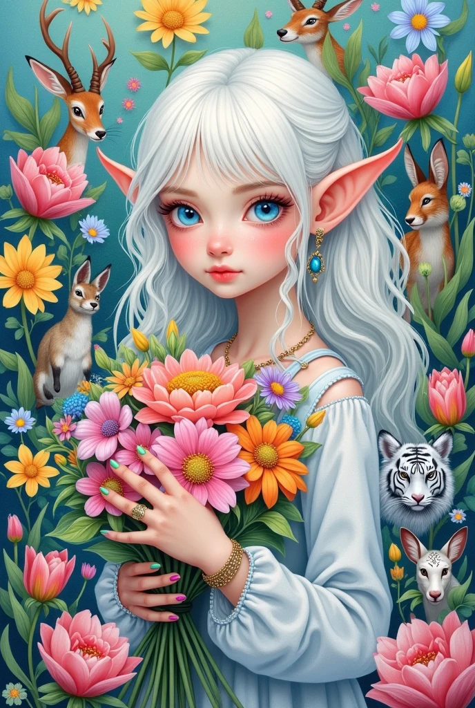 1girl,acrylic paint \(medium\),androgynous,animal,aqua nails,artist name,bird,blue eyes,blue flower,blue nails,bouquet,bunny,camellia,colored pencil \(medium\),daisy,deer,earrings,elf,eyelashes,fingernails,floral background,flower,fox,gem,goat,green nails,holding flower,hydrangea,jewelry,leaf,lily \(flower\),lily of the valley,lily pad,long hair,long sleeves,looking at viewer,lotus,marker \(medium\),nail polish,orange flower,painting \(medium\),petals,pink flower,pink rose,pointy ears,purple flower,purple nails,ring,rose,signature,solo,traditional media,tulip,unicorn,watercolor \(medium\),wavy hair,white cat,white flower,white hair,white rose,white tiger,wolf,yellow flower