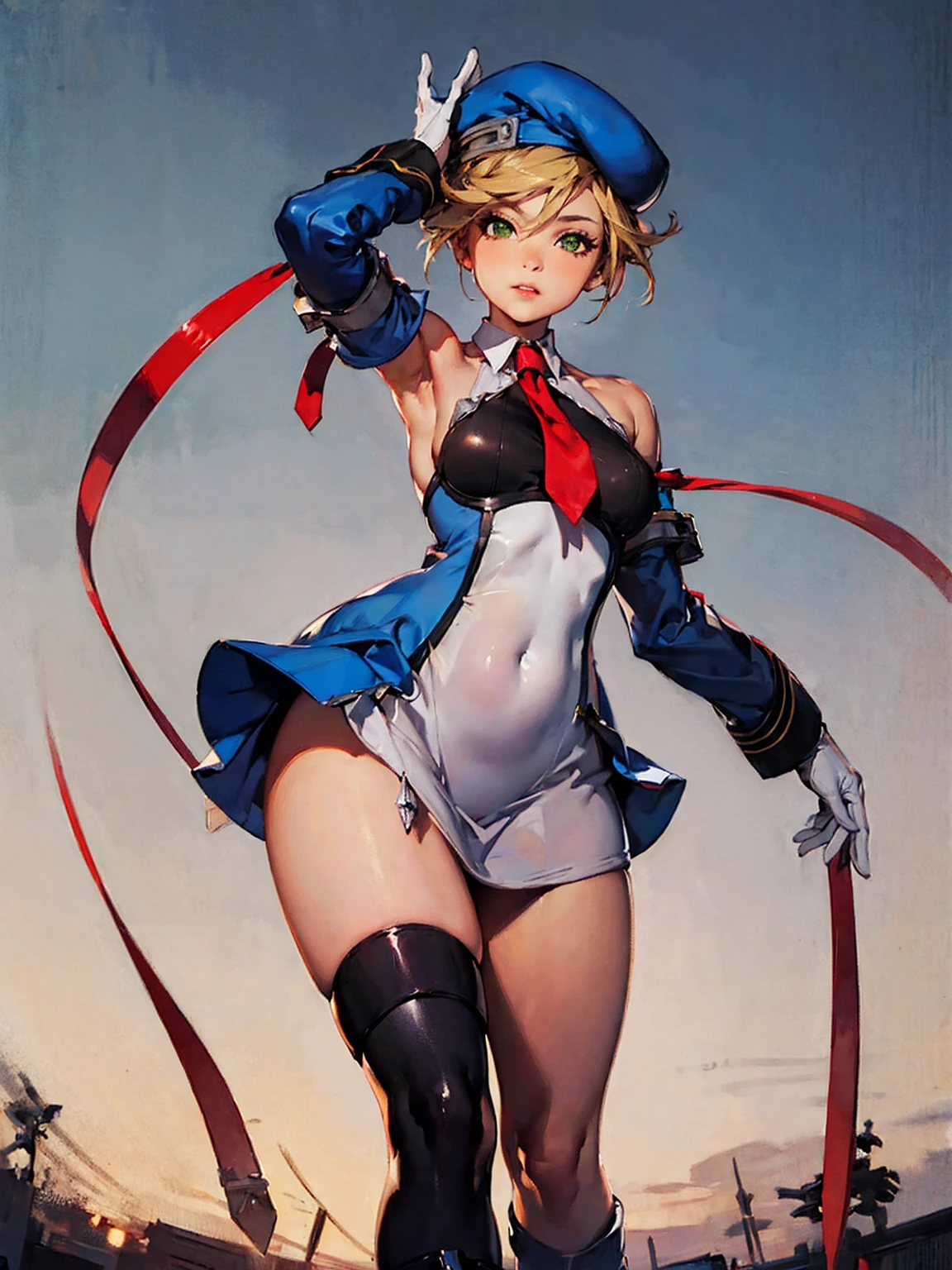 (masterpiece,  best quality,  high definition ), pin-up shot that makes your hips pop,  1 girl, Noel, Thigh length,   boots, beret, tie,  detachable sleeve,  Shorthair, black Thigh length, ribbon, Gloves,  dress,  absolute domain,  bare shoulders, short  dress, Hip Sway, Hips stick out, Default Lyn with hands on back ,