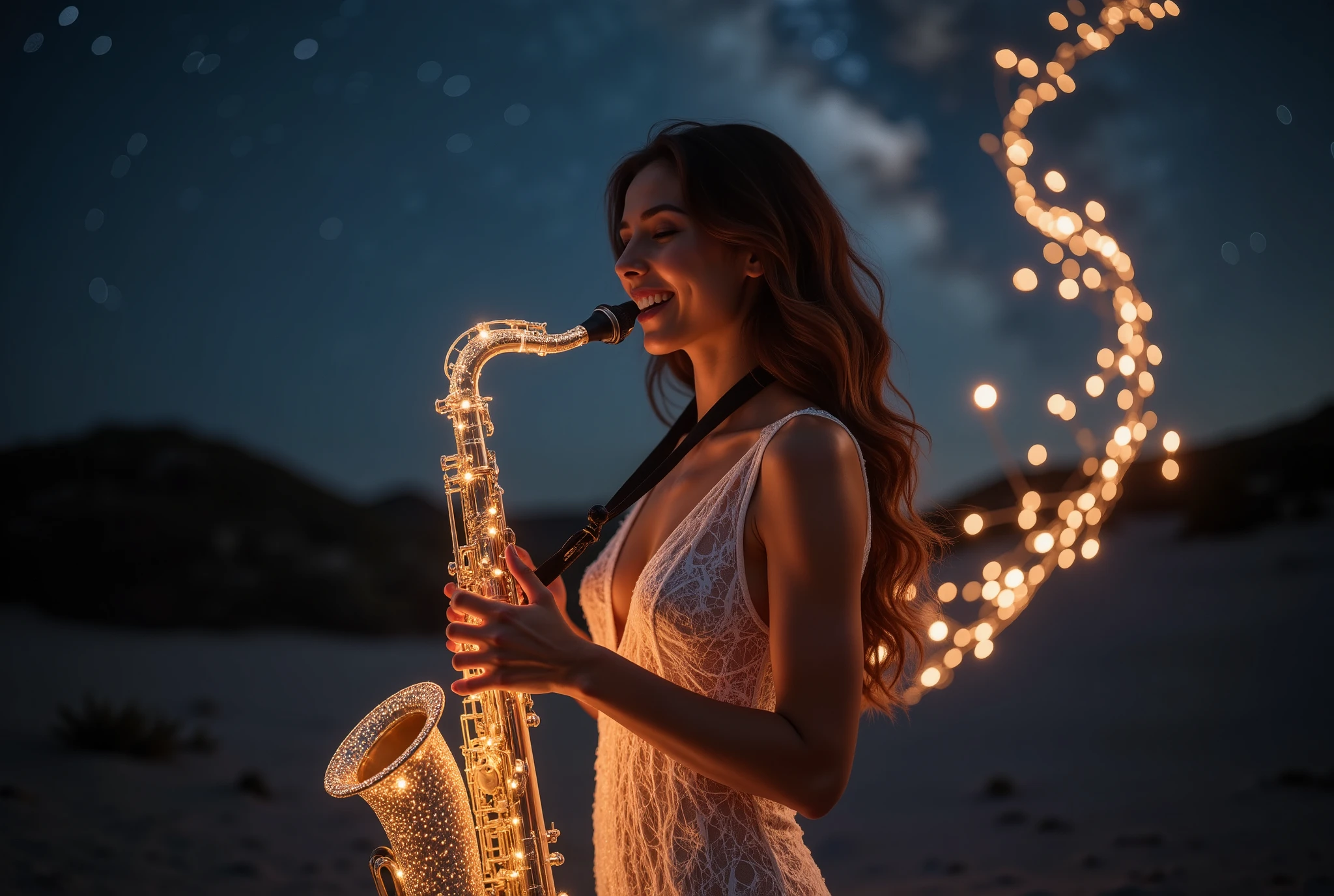 great photo of Candy Dulfer in a lo cut sexy sheer see-through dress. playing saxophone in the dark. from her saxophone glowing gold and silver notes and music Staff warmly illuminating her springing to sky around her. simple night background with Milky way galaxy. minimalism. happy mood