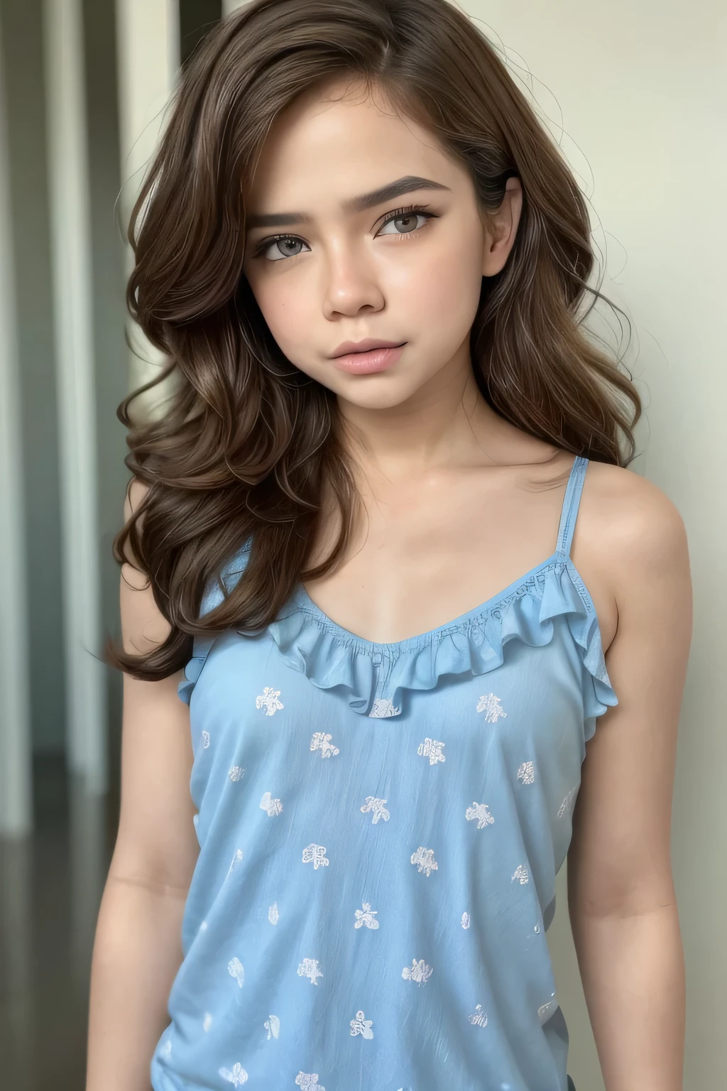 Gadis kecil berambut pendek bogel, half body portrait. Highly detailed quality, naked flat breasts. thick nipples thick, micro V neck bowknot lace hem ruffle print cami top naked