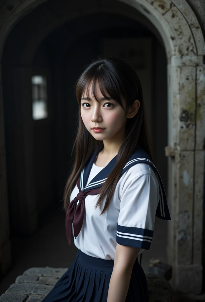 A teenager Japanese woman, beautiful detailed blue eyes, beautiful detailed lips, long eyelashes, petite, normal expression, blue eyes, school uniform, underground dungeon, (realistic, photo-realistic:1.37), 1woman, dark fantasy, dramatic lighting, intricate details, really long hair, with long bangs