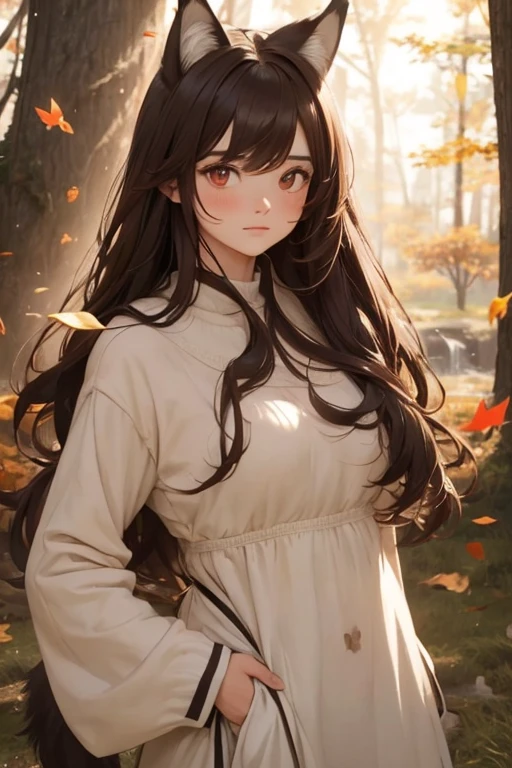 masterpiece， best quality，  shows off split bangs ，Alone，A faint smile, A faint smile， fall leaves for vaginal discharge，The sunlight flickers， tree々 seen between the hairs ， butterfly ，Grass animal ears，  with wolf ears ，Long Hair，Tail，wolf Tail，red eyes，Wolf Girl， brown hair on the abdomen，