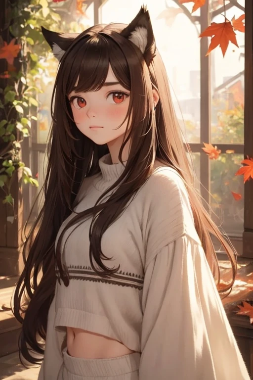 masterpiece， best quality，  shows off split bangs ，Alone，A faint smile, A faint smile， fall leaves for vaginal discharge，The sunlight flickers， tree々 seen between the hairs ， butterfly ，Grass animal ears，  with wolf ears ，Long Hair，Tail，wolf Tail，red eyes，Wolf Girl， brown hair on the abdomen，