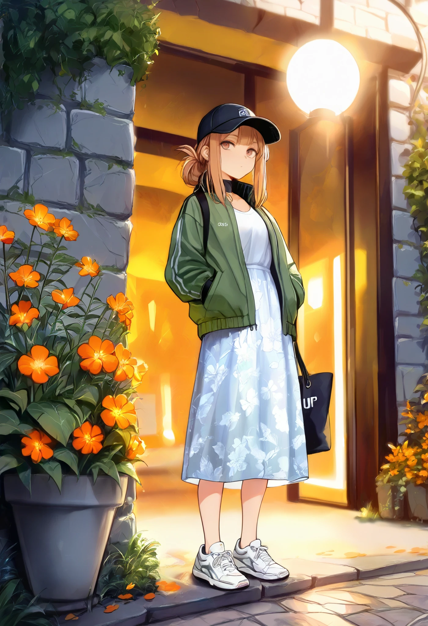 masterpiece, best quality, 8k, highres, ultra-detailed, HDR, UHD, studio lighting, extreme detail description, professional,illustration, best quality, masterpiece, 1girl, drkgirl,standing pose, casual outfit, black baseball cap, medium brown hair, long dress, light floral pattern, green jacket, tote bag, white sneakers, stone wall background, small garden, orange flowers, modern and cozy aesthetic, natural lighting, outdoor setting
