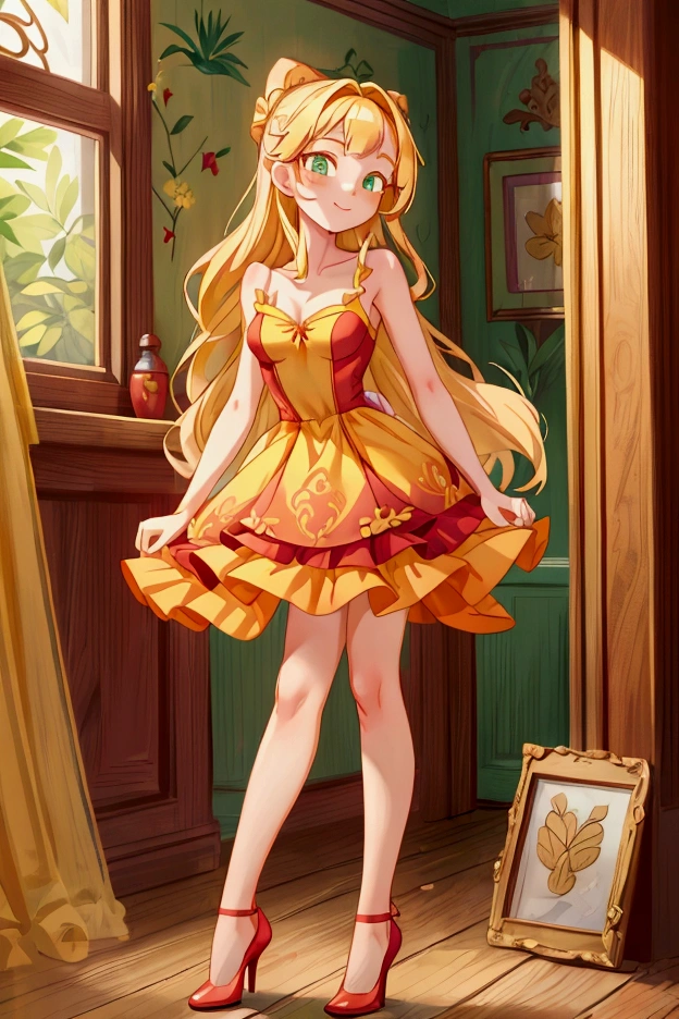 (Masterpiece, best quality) 1 girl, standing indoors with intricate details and sunlight, red and yellow frilled dress with short neckline, red heels, blonde long hair, green eyes, sexy smile, sexy pose, coquette, beautiful long legs, mature  girl, gorgeous body, pronounced breasts.