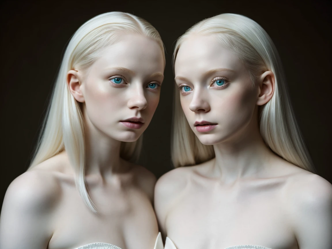 ((best quality)), ((masterpiece)), (detailed), photo of two young girls, 18 years, one with silver hair and another redhead, one has scars on the face, a very slim body, small mouth with full lips, high forehead, thin nose, naked, in the castle basement, medieval torture chamber, very small breasts, expression of big fear on the face, tied, full height