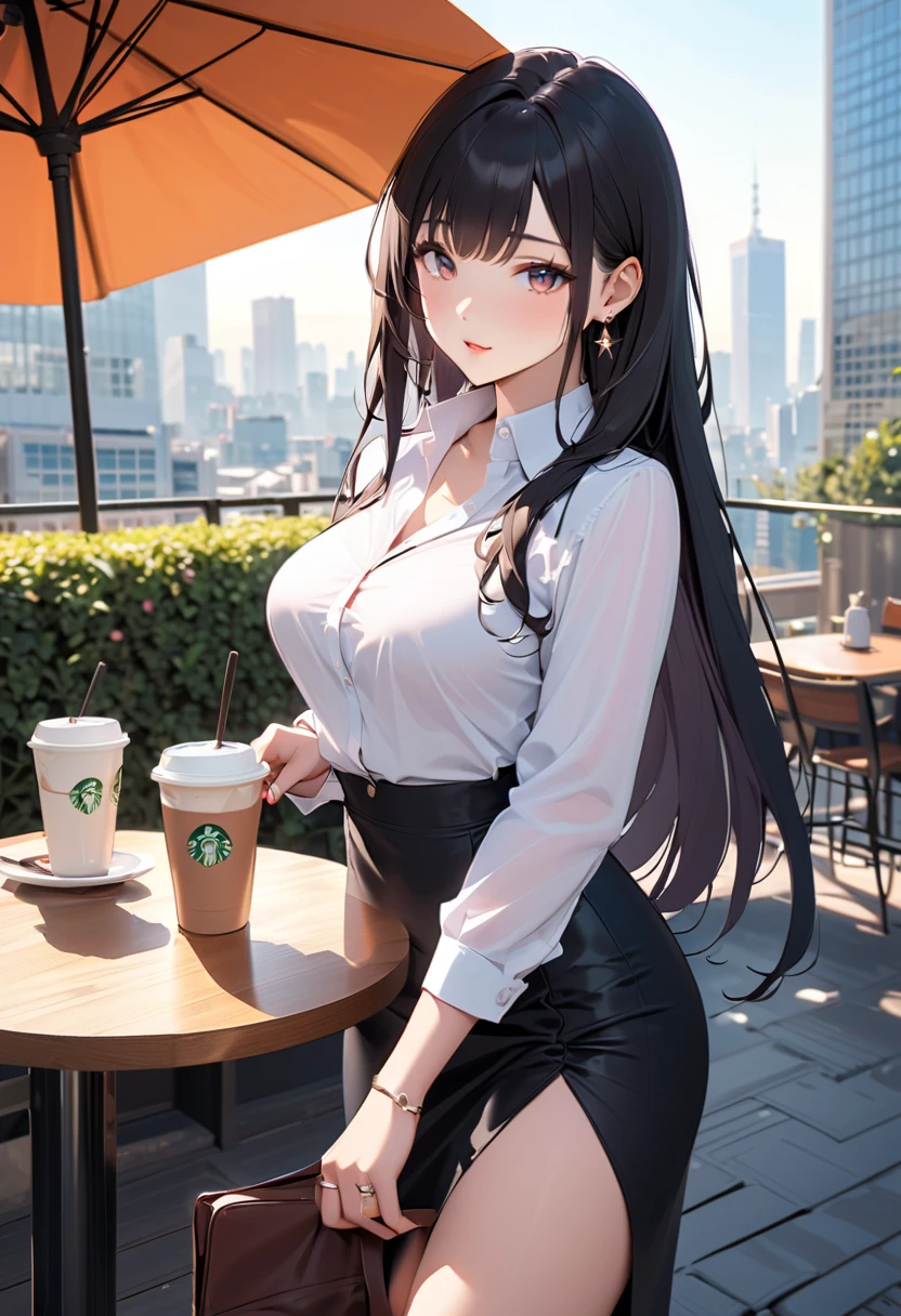 A woman wearing a black sleeveless shirt, black gloves, black skirt, black boots, big breasts, red eyes, black hair, long hair, smiling, perfect face, outside a coffee shop, standing.,UHD, masterpiece, accurate, anatomically correct, textured skin, super detail, high quality, best quality, 8k, high resolution, bokeh effect. ( solo woman),