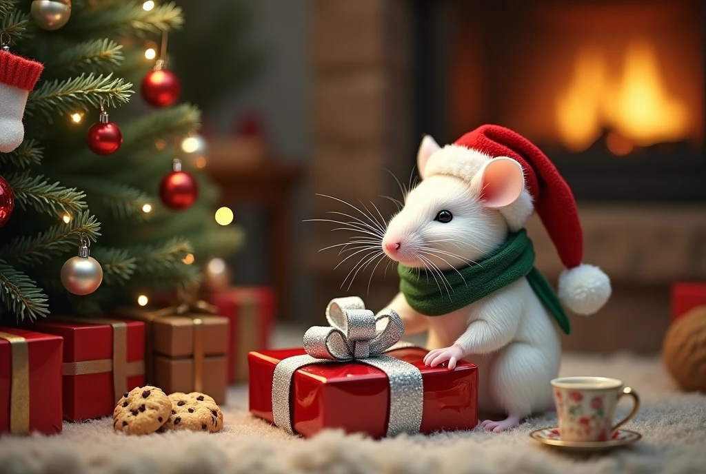  A realistic little white mouse with a Christmas hat on her head a green scarf around her neck she is putting a small Christmas present the gift is wrapped in a small Christmas present the gift is wrapped in shiny red paper surrounded by a shiny silver ribbon also forming a big knot above the package she places it at the foot of a Christmas tree. Devant le sapin se trouve déjà quelques paquets. We can also see in the corner a fireplace on which she is hanging you a few pairs of socks that you put on for Christmas . Dans un autre coin une petite table avec des chaises sur la table se trouve un petit plateau avec des biscuits secs et un verre de lait