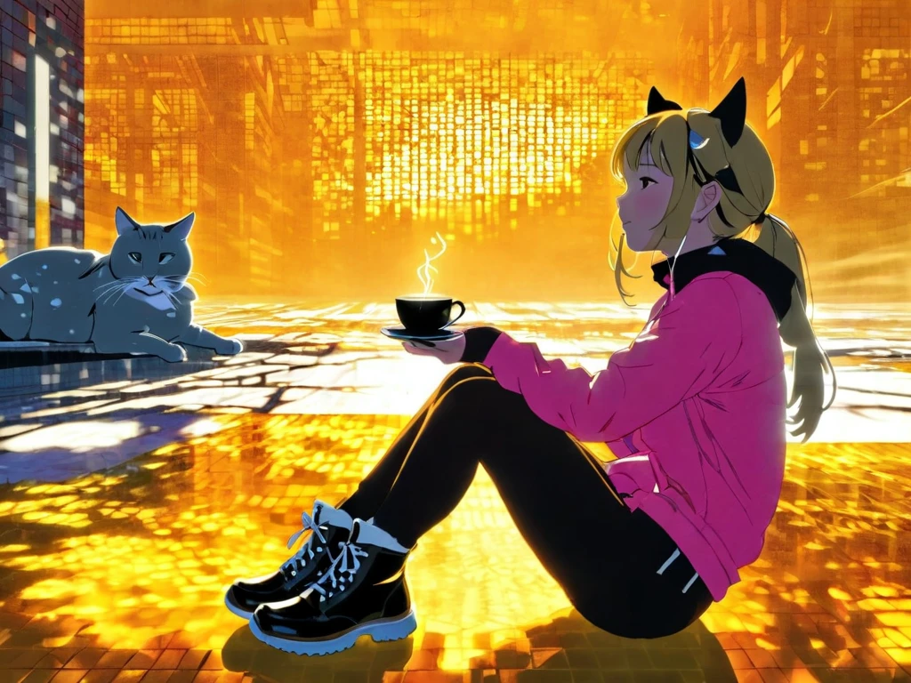 afternoon，Backlight，Cafe，（ Orange Cat Frey Cat Woman ） There is a girl with cat ears sitting ，，A cup of coffee ， with two hands, one thumb and four hands， wide ass ， black snow boots ，Pink T-shirt、 Black Baggy Pants ， Long Hair with a Low Single Ponytail ，Light blond hair，Queen's sitting position 。Portrait of an Explorer  ,radiation mosaic:1.2, Catch the sun:0.8, Like a shard of glass , infuses warmth and energy into the space:0.4 Flash and dance.