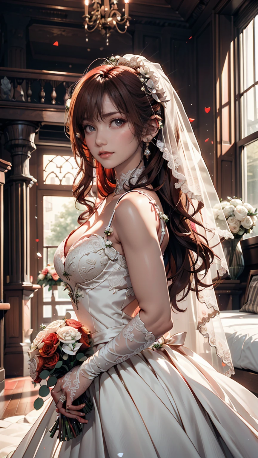 masterpiece:1.2, highest quality), Realistic, (live-action, Intricate details, Depth of written boundary), (One girl, alone), compensate, Lips parted, Very detailed, Perfect Face, (Skin dents), Thick thighs, Wide Hips, Narrow waist, expensive, Glossy coral lips,, (Girl in wedding dress holding flowers in hand )), sexy, Blushing, Mikasa from AOT、Mini length、Exposed thighs