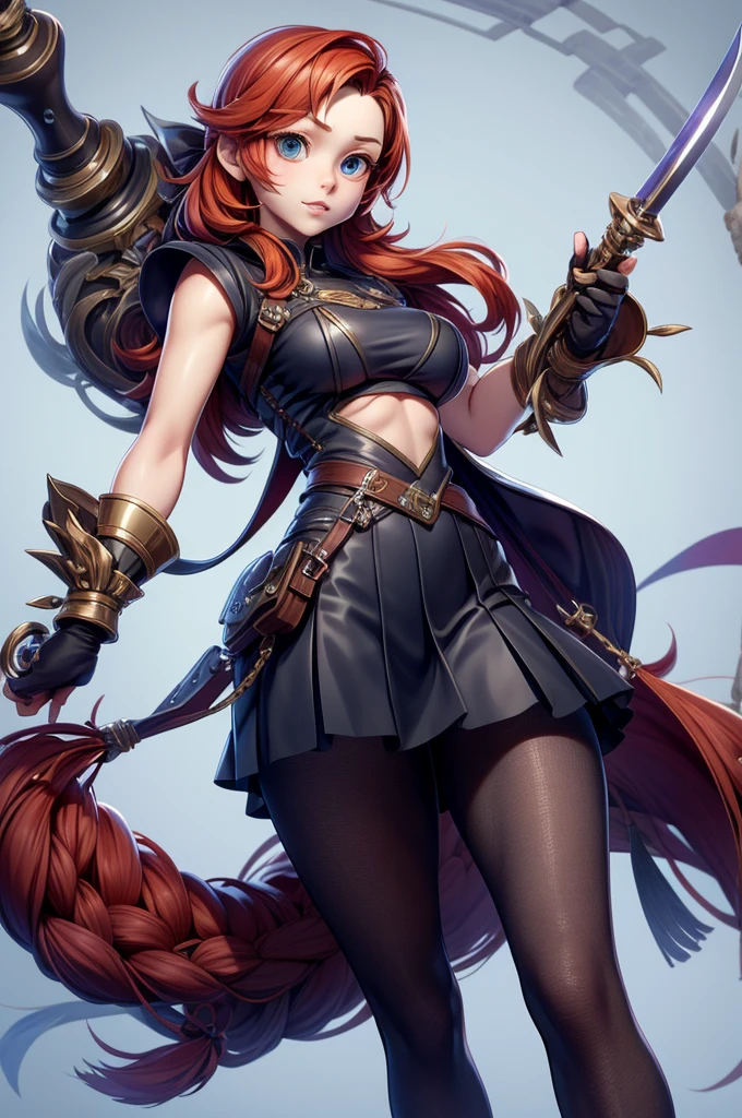 Becky has fair tan skin, and wavy red hair. She has big blue eyes and pale red lips, Her accesories consits of a black pirate hat with Cat head with Bones crossing each other and gold outlines, She also wears a red bandana.
She wears a white off-shoulder crop top and it supports a black vest with gold detailing and gold tie. She also wears a red skirt with black outlines, She wears a knee-high boots with red ties and gold buckles. The soles are black and red, She also wears a wooden pegleg on her left leg. SPARKLE; GLITTER