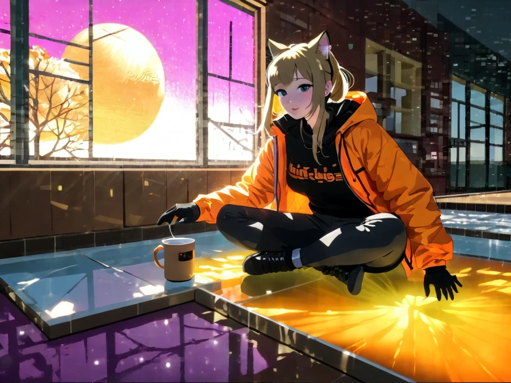 afternoon，Backlight，Cafe，（ Orange Cat Frey Cat Woman ） There is a girl with cat ears sitting ，，A cup of coffee ， with two hands, one thumb and four hands， wide ass ， black snow boots ，Pink T-shirt、 Black Baggy Pants ， Long Hair with a Low Single Ponytail ，Light blond hair，Queen's sitting position 。Portrait of an Explorer  ,radiation mosaic:1.2, Catch the sun:0.8, Like a shard of glass , infuses warmth and energy into the space:0.4 Flash and dance.