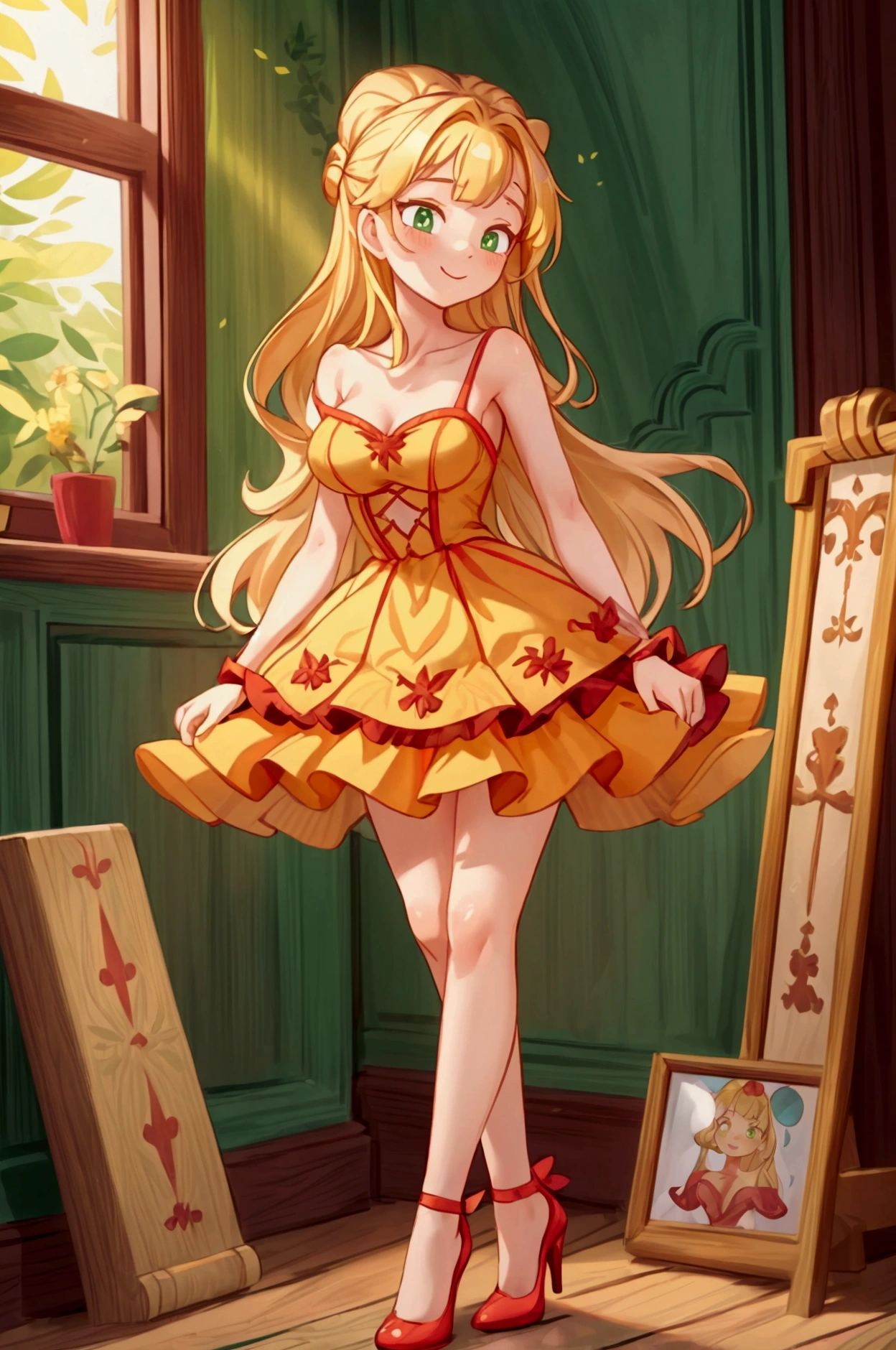 (Masterpiece, best quality) 1 girl, standing indoors with intricate details and sunlight, red and yellow frilled dress with short neckline, red heels, blonde long hair, green eyes, sexy smile, sexy pose, coquette, beautiful long legs, mature teen girl, gorgeous body, pronounced breasts.