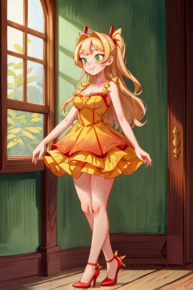 (Masterpiece, best quality) 1 girl, standing indoors with intricate details and sunlight, red and yellow frilled dress with short neckline, red heels, blonde long hair, green eyes, sexy smile, sexy pose, coquette, beautiful long legs, mature teen girl, gorgeous body, pronounced breasts.