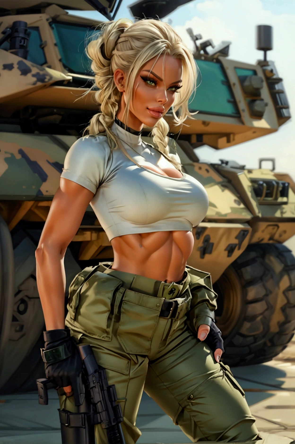 Dieselpunk AI fighter mech background, in front of Portrait of American shot, very beautiful woman, blonde, with a ponytail, light gray eyes, sweet face, looks at the camera mischievously, incipient smile, small chest, bending down to pick up the rifle, sexy posture, dressed in a camouflaged bikini and miniskirt in earth and brown tones.