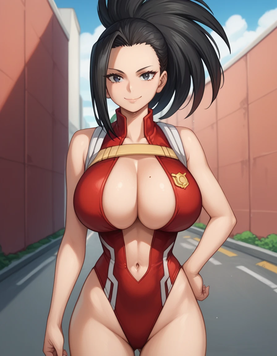 score_9, score_8_up, score_7_up, source_anime, best quality, 1girl, solo, yaoyorozu momo, long hair, bangs, black hair, ponytail, black eyes, huge breasts, cleavage, looking at viewer, smile, standing, navel, bare shoulders, leotard, bare arms, center opening, red leotard, outdoor, from front