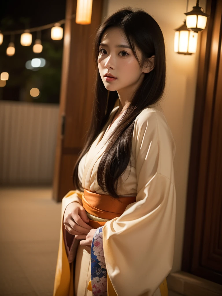 (8k、Live Shooting、Highest quality、Masterpiece:1.2),(kimono、Twelve-layered kimono、In a Japanese-style room)(High resolution 4K、Front view、High position、Serious expression、Super detailed、Super Resolution、(Real、Real写真:1.37)、Portrait、High-definition RAW color photos、nightの撮影、Professional photography、Very detailedで美しい、Very detailed、8k画壁紙、Amazing details、Huge file sizes、Official Art、Very detailedなCG Unity 8kの壁紙 Very detailedな女性、Very detailedな顔、Very detailedな肌、Very detailedな指、Very detailedな鼻、Very detailedな詳細な口、Perfect Anatomy、1 girl、(20:1.2)、Female, age 20、Realな体つき、、White skin、Shining skin black hair、semi-long、A sloppy smile、clean、Clean face、Realistic Face、Delicate eyes、kimono、Looking straight at the camera、Cowboy Shot、Landscape、Standing posture、((night))Close-up of face、Radiant Skin、The chest is visible、sexy、nightの和室