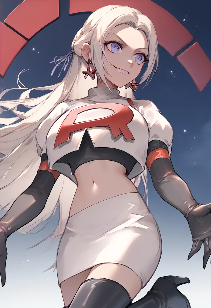 Team rocket, team rocket uniform, red letter R, white skirt,white crop top,black thigh-high boots, black elbow gloves, evil smile, night sky background, earrings, large breasts, high-heeled boots, Edelgard, white hair, purple eyes