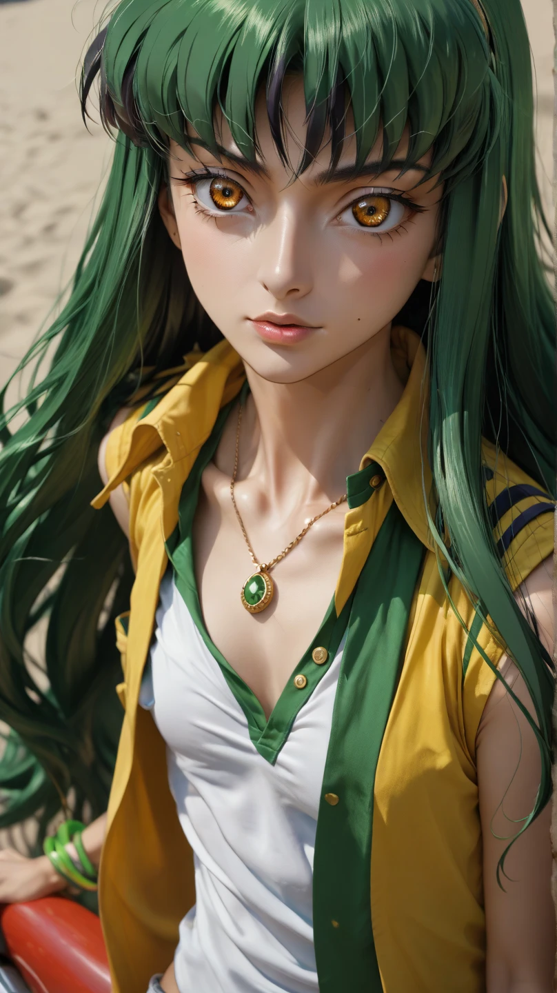  anime woman, CC, Code Geass, long green hair, yellow eyes , summer clothes , on resturant , anime man , lelouch lampuerge , black hair , purpul eyes , summer clothes ,  , دقة عالية, عمل رائع, علم التشريح صحيح, دقيق, أفضل جودة, 