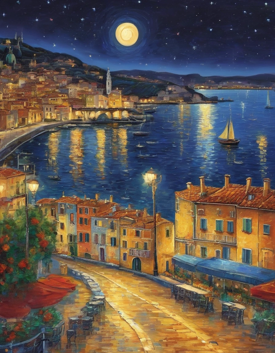 (A night city with twinkling stars facing the Mediterranean Harbor in Italy), Fine art photography style, dark coating style, The glittering cityscape is reflected like a mirror in the calm sea with no waves around the coastline. Painted using impressionist painting techniques. The beautiful scenery is reminiscent of Impressionist painter (Van Gogh's "Starry Night over the Rhône"). Everything from the use of color to the touch of the painting is artistic and a masterpiece. Ultra high resolution. 8k.