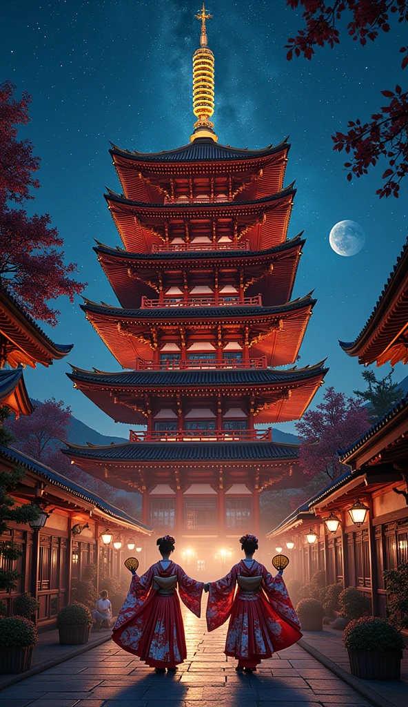  A giant Japanese Pagoda that goes up to the sky. 
 With gold ornaments .
Geisha dancing .
 A starry night .
 32K, HDR, UHD, intricate detail, extremely intricate detail, hyperrealistic, extremely realistic, high quality, vivid color, extremely detailed, a masterpiece).