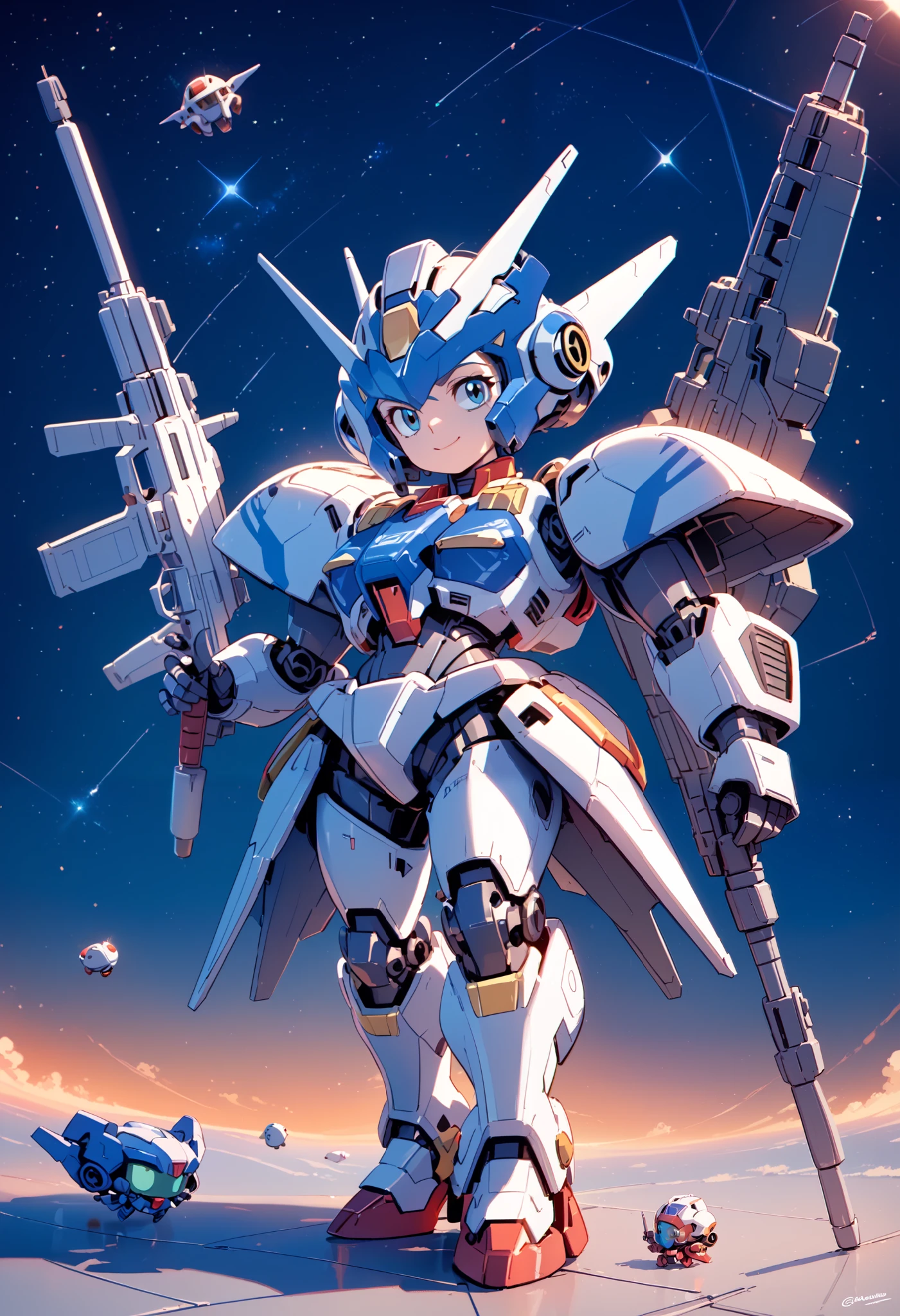 ((masterpiece)), accurate, textured skin, ((super detail)), high quality, high details, highres, best quality, chibi, Gundam, robots, deformed characters, space, star wars, Metallic blue armor, Beam rifle, Heavy Armor, girl, 