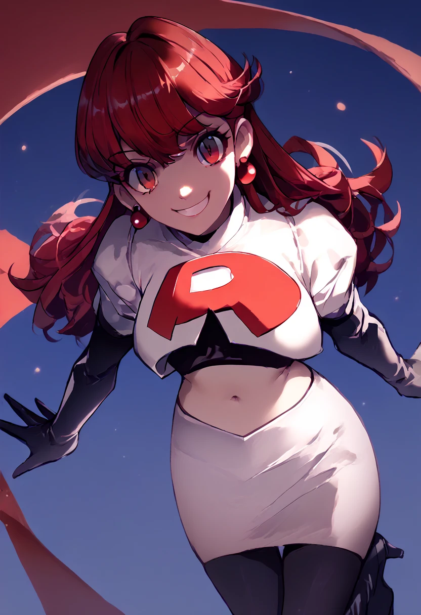 Team rocket, team rocket uniform, red letter R, white skirt,white crop top,black thigh-high boots, black elbow gloves, evil smile, night sky background, earrings, large breasts, high-heeled boots, sumire yoshizawa, red hair,