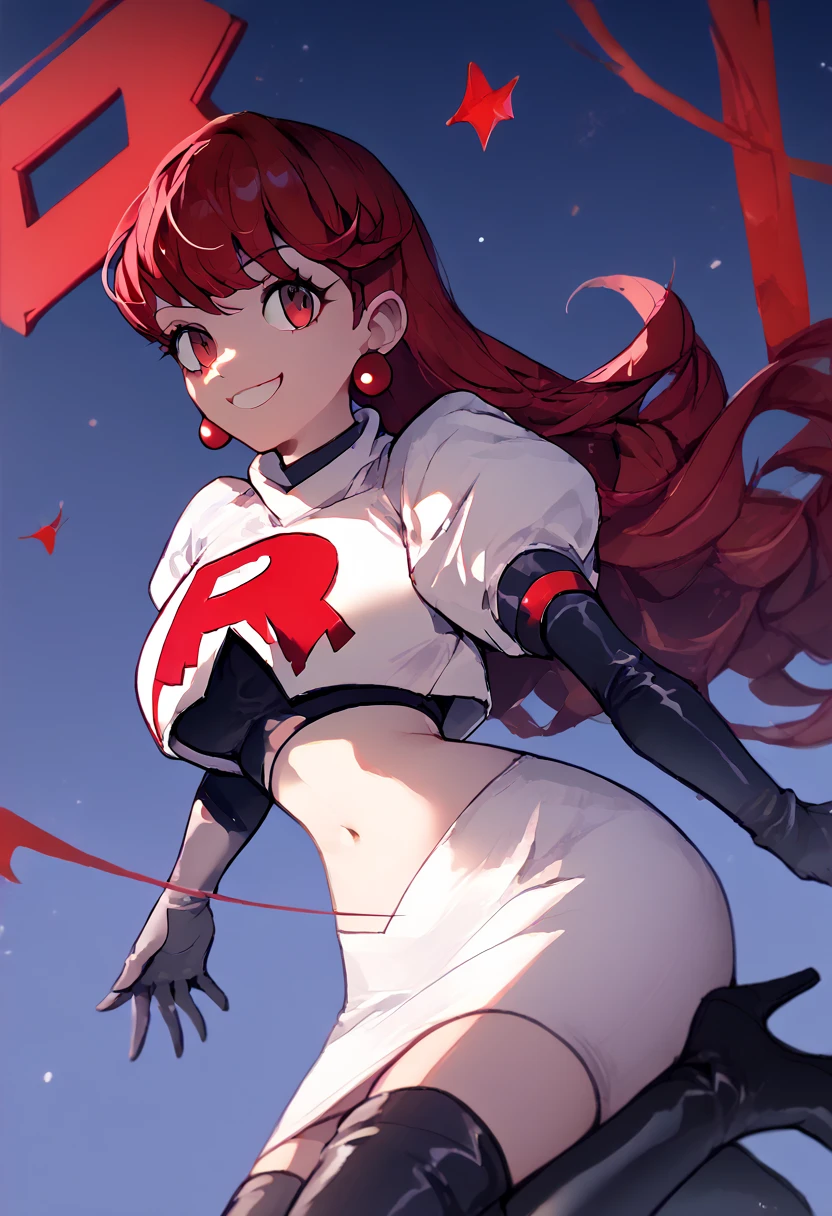 Team rocket, team rocket uniform, red letter R, white skirt,white crop top,black thigh-high boots, black elbow gloves, evil smile, night sky background, earrings, large breasts, high-heeled boots, sumire yoshizawa, red hair,