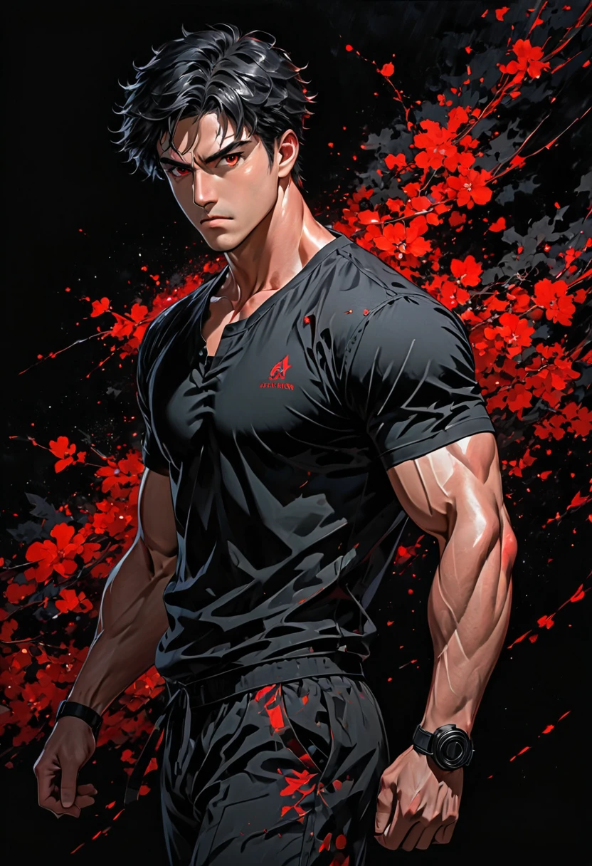 1 men, about 28 years old, Eyes red, Well-defined and muscular body, serious, short messy black hair, alpha, black backdrop, whole body, looking forward, forst.
