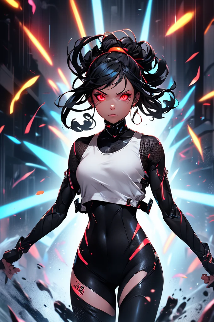 (papel de parede extremamente detalhado da unidade CG 8k,Obra de arte),(better lighting, melhor sombra, extremamente delicado e lindo),(1 menino),olhos azuis, cabelo escuro,red and black sci-fi bodysuit,neck seal,high tech sci-fi runner, dynamic pose, maquinaria detalhada, design atraente.