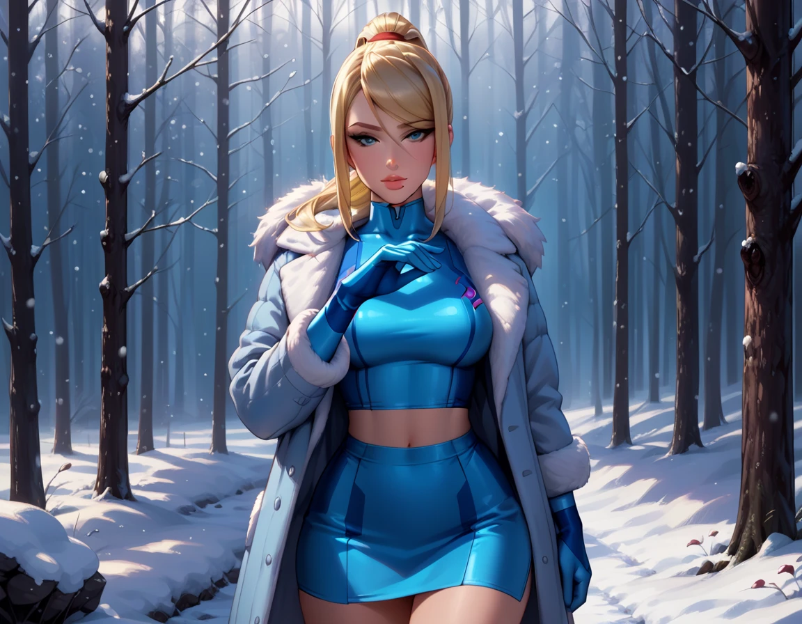 score_9, score_8_up, score_7_up, rating_questionable, epiCPhoto 1girl, solo, beautiful waifu, very sexy (Samus Aran, blonde, ponytail, winter coat, short skirt:1.2), navel, narrow waist, wide hips, standing in a beautiful snowy forest, beautiful, graceful, elegant, flirt, gaze, sexy look, half-closed eyes, head tilt, filled lips, thick lips, modelling shoot, sexy poses, beautiful scene, detailed eyes, detailed face, (dimly lit:1.4), anatomically correct, perfect anatomy, (Hand, detailed, perfect, perfection hands:1.1).