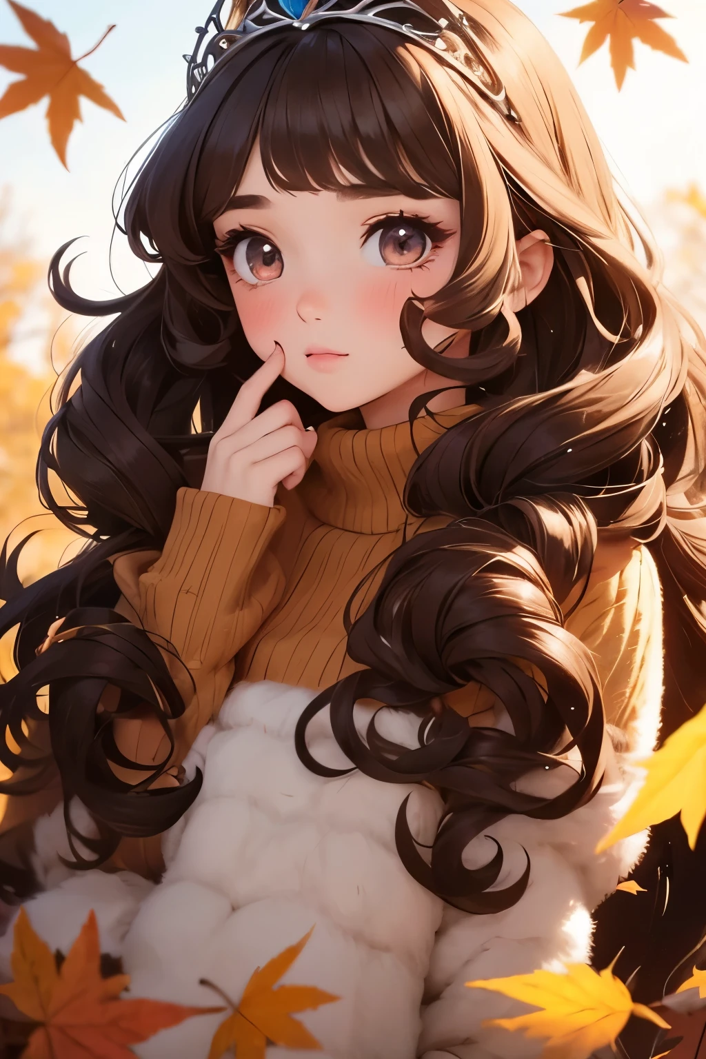   nothing ,  best quality,   girl, young ，cute ,  brunette ,  Curly hair, evil   girl,  dress， tiara ，  has long eyelashes， bright color ，  Soft Warm Hues ， fall leaves for vaginal discharge，