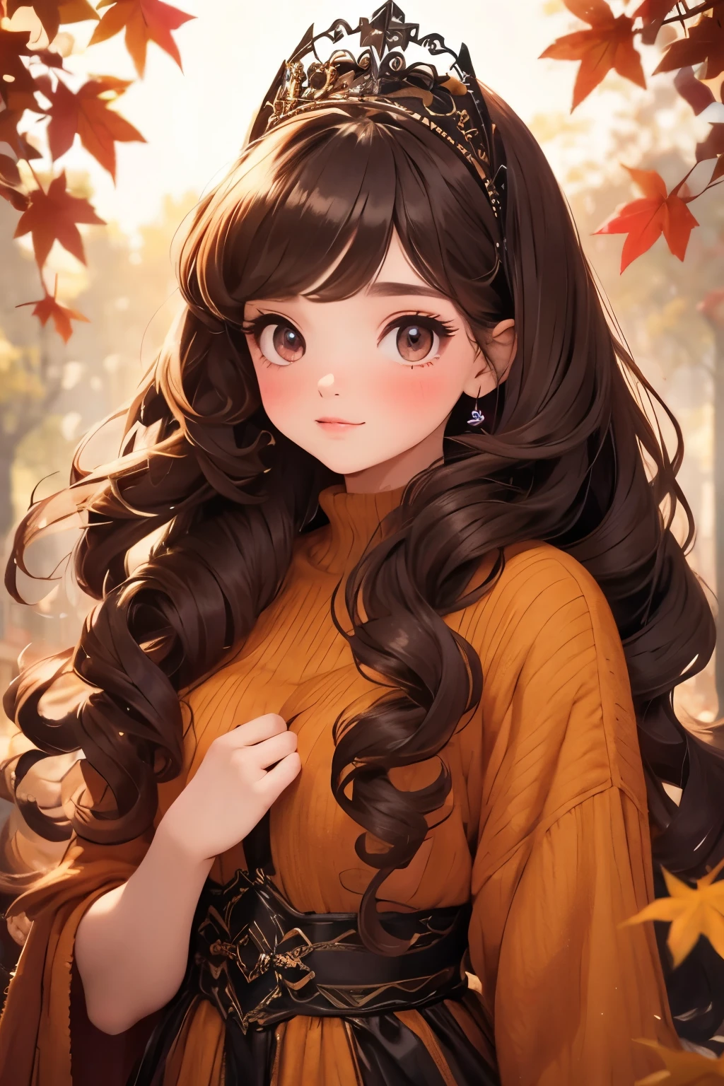   nothing ,  best quality,   girl, young ，cute ,  brunette ,  Curly hair, evil   girl,  dress， tiara ，  has long eyelashes， bright color ，  Soft Warm Hues ， fall leaves for vaginal discharge，