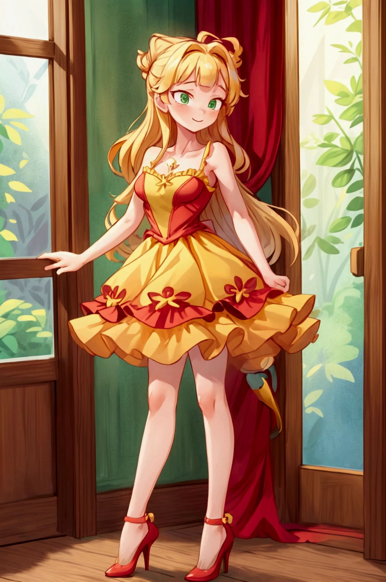 (Masterpiece, best quality) 1 girl, standing indoors with intricate details and sunlight, red and yellow frilled dress with short neckline, red heels, blonde long hair, green eyes, sexy smile, sexy pose, coquette, beautiful long legs, mature teen girl, gorgeous body, pronounced breasts.