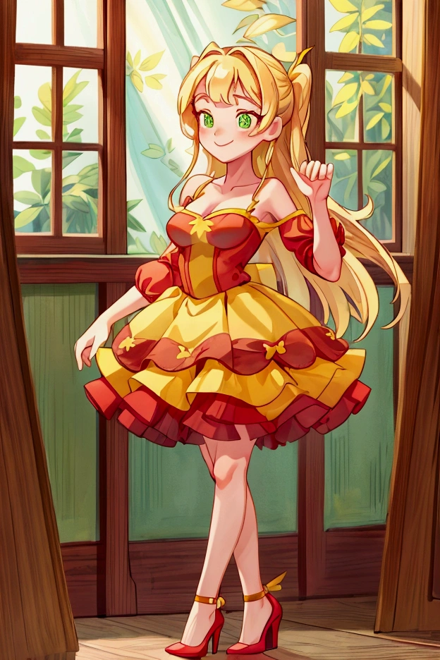 (Masterpiece, best quality) 1 girl, standing indoors with intricate details and sunlight, red and yellow frilled dress with short neckline, red heels, blonde long hair, green eyes, sexy smile, sexy pose, coquette, beautiful long legs, mature teen girl, gorgeous body, pronounced breasts.