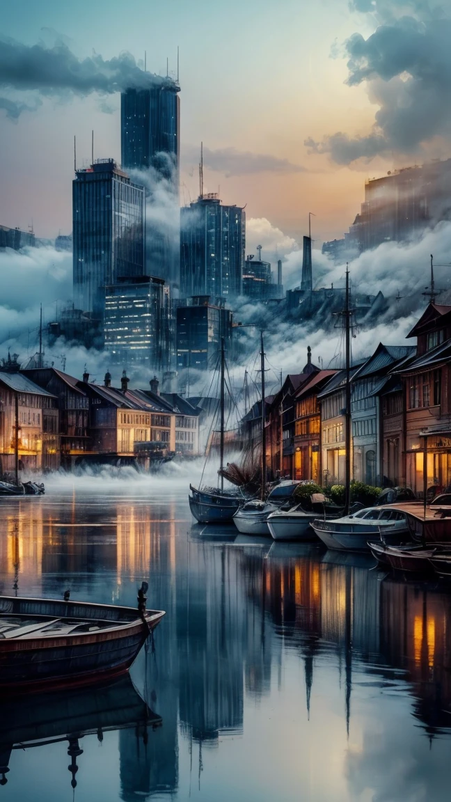 masterpiece, best quality, water, city, reflection of city, (fog:1.3)