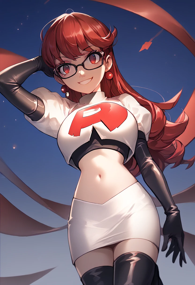 Team rocket, team rocket uniform, red letter R, white skirt,white crop top,black thigh-high boots, black elbow gloves, evil smile, night sky background, earrings, large breasts, high-heeled boots, sumire yoshizawa, red hair, glasses