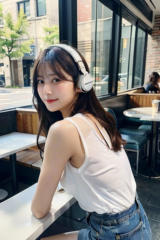 ((Highest quality, 8K, masterpiece: 1.3)),RAW Photos,Realistic atmosphere,Lens flare, Ray Tracing,(Detailed beautiful white skin:1.3),Beautiful Japanese, hot summer,Shiny light brown short hair,Beautiful breasts,(Sexy facial mole),A stylish cafe with lots of sunshine,Sitting in a high chair listening to music with headphones,Angle from the ground、Angle from behind、Beautiful calves and thighs、Beautiful shoulders,Sandals、Shorts、camisole、Cardigan draped over the shoulders,A computer and a drink with a straw on a table