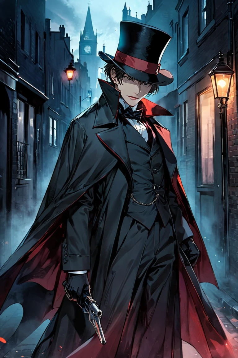 Kazuma smoking at night in black Victorian style clothes