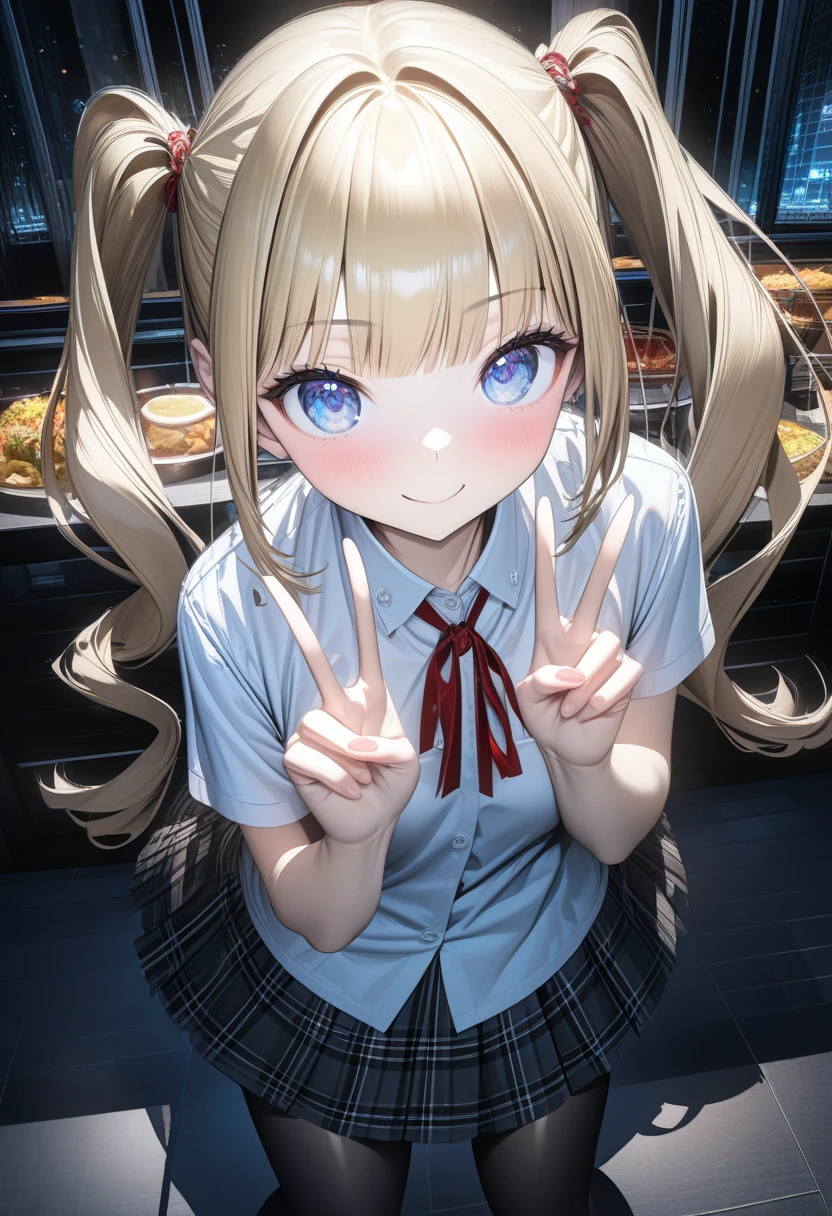 {{{Masterpiece, ultra detailed, 8k, best quality, novel illustration}}} 1girl, student uniform, plaid skirt , slender, Blonde, twin tails, blunt bangs, cute eyes, ultra detailed face,  blue eyes , nice smile, hand peace sign, black thighhighs, A bustling restaurant at night, white panties