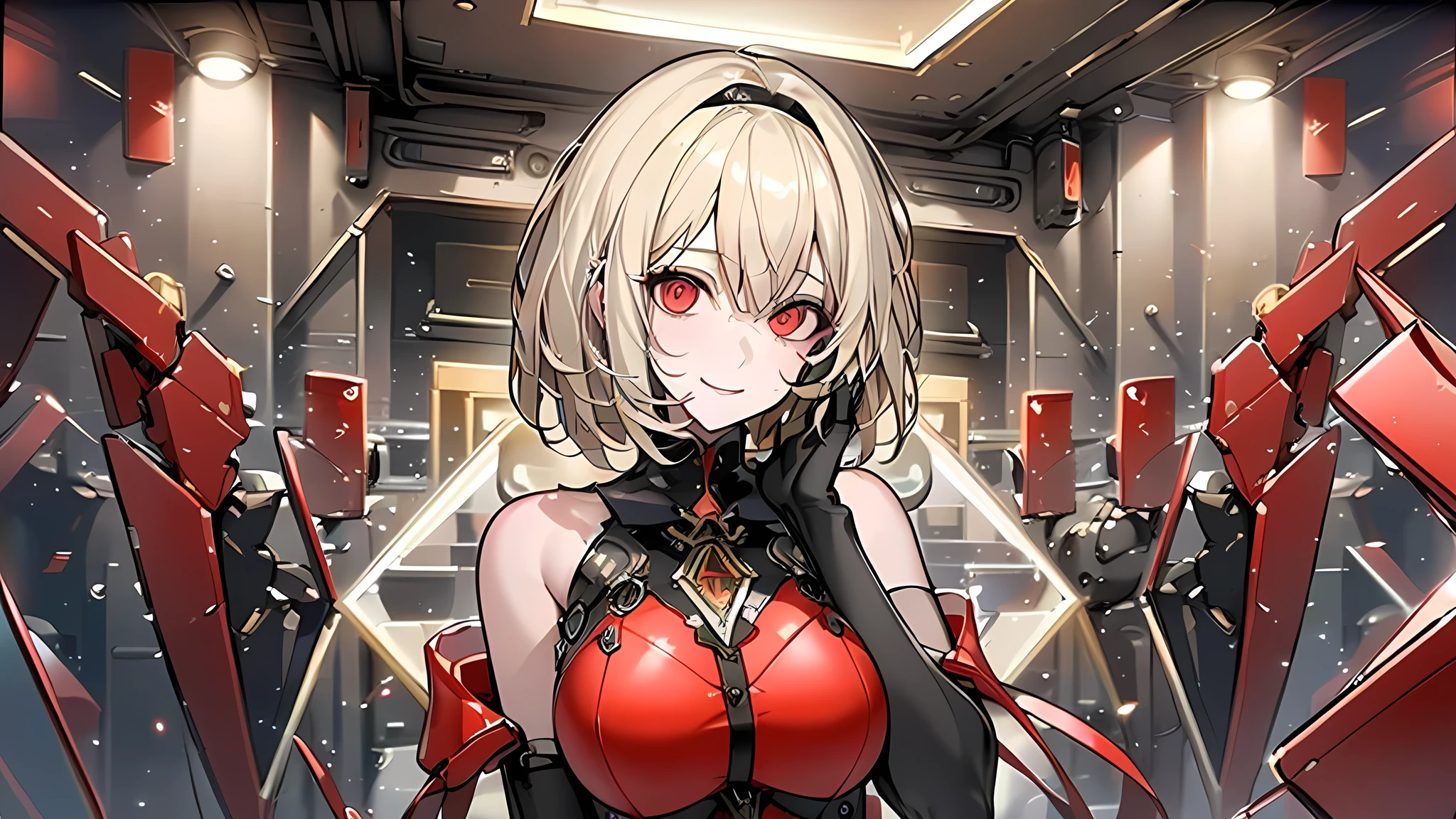 ((Best quality)), ((masterpiece)), (detailed:1.4), 3D, an image of a beautiful cyberpunk female, Yandere , Yandere Face , Trance , Trance Eyes , yameroyandere , constricted pupils , yandere , empty eyes . shaded face , crazy eyes , glowing red eyes , crazy smile , Redshoe , exposed bare shoulder , black headband , Black skintight bodysuit , Short Light Blond Hair , Black Arm Gloves , Red Eyes, Red Armor Leg, large breasts, HDR (High Dynamic Range),Ray Tracing,NVIDIA RTX,Super-Resolution,Unreal 5,Subsurface scattering,PBR Texturing,Post-processing,Anisotropic Filtering,Depth-of-field,Maximum clarity and sharpness,Multi-layered textures,Albedo and Specular maps,Surface shading,Accurate simulation of light-material interaction,Perfect proportions,Octane Render,Two-tone lighting,Wide aperture,Low ISO,White balance,Rule of thirds,8K RAW,