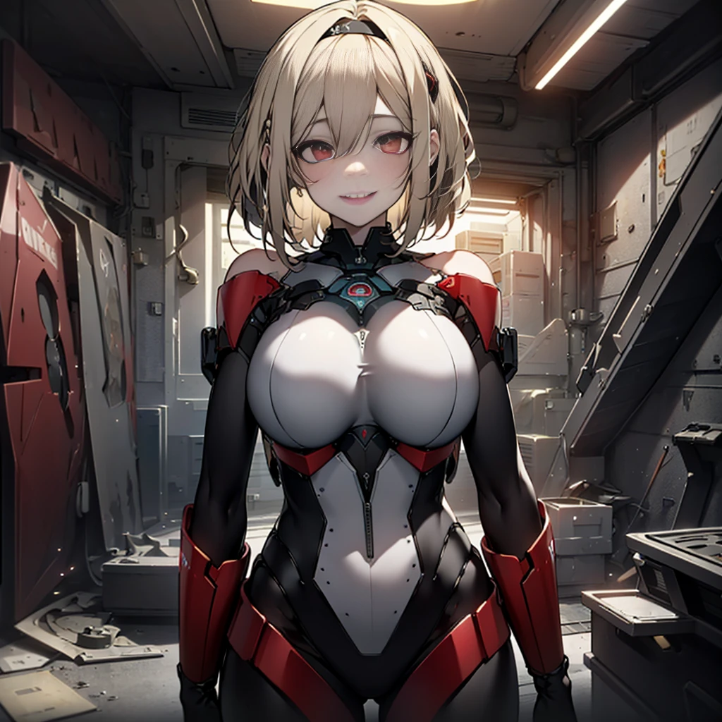 ((Best quality)), ((masterpiece)), (detailed:1.4), 3D, an image of a beautiful cyberpunk female, Yandere , Yandere Face , Trance , Trance Eyes , yameroyandere , constricted pupils , yandere , empty eyes . shaded face , crazy eyes , glowing red eyes , crazy smile , Redshoe , exposed bare shoulder , black headband , Black skintight bodysuit , Short Light Blond Hair , Black Arm Gloves , Red Eyes, Red Armor Leg, large breasts, HDR (High Dynamic Range),Ray Tracing,NVIDIA RTX,Super-Resolution,Unreal 5,Subsurface scattering,PBR Texturing,Post-processing,Anisotropic Filtering,Depth-of-field,Maximum clarity and sharpness,Multi-layered textures,Albedo and Specular maps,Surface shading,Accurate simulation of light-material interaction,Perfect proportions,Octane Render,Two-tone lighting,Wide aperture,Low ISO,White balance,Rule of thirds,8K RAW,