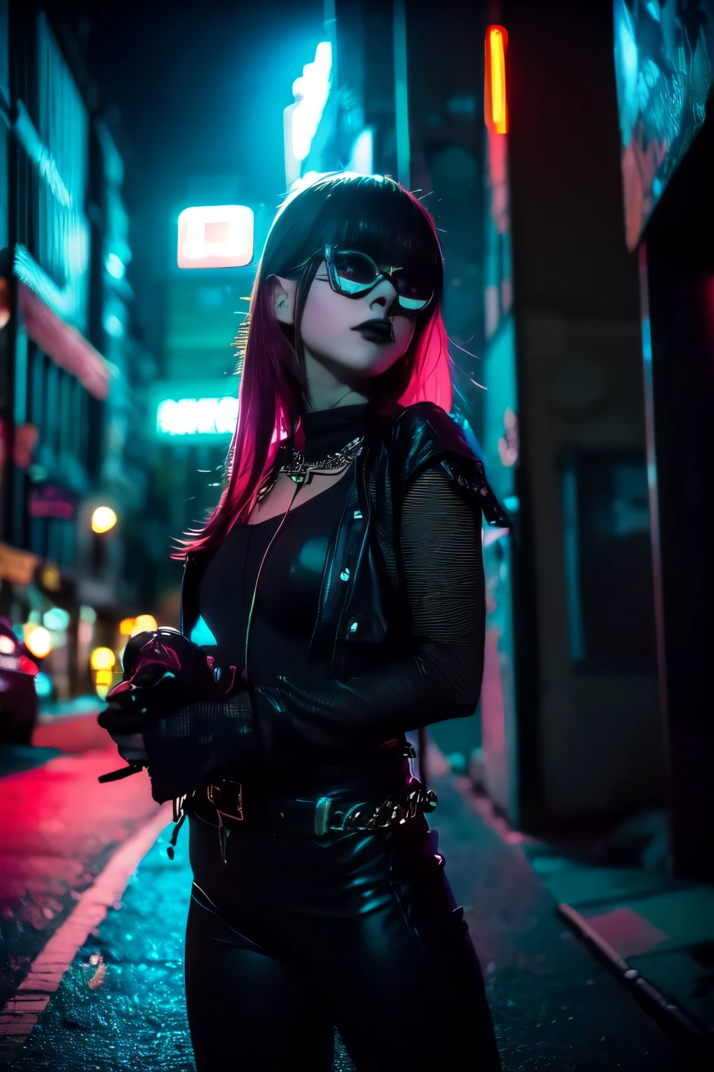 (work of art, best qualityer:1.2), 1 girl, standing alone, high qualiy raw photograph of a young (((goth girl at night))) ,  tongue out, ((cut hair with bangs)), vibrant neon colors, cool sunglasses, silhuette, gazing at viewer, praise, ultra HD, precise, texturized skin, super detaill, High details, high qualiy, high resolution, 1080P, 4K. neon lighting