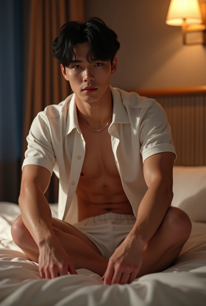 A Realistic Male guy boy man KPop idol, thin waist, pale skin, open polo, body shot only no face, on the bed sitting seductively and cutely while showing off his thin waist, no shorts, sexy, open legs