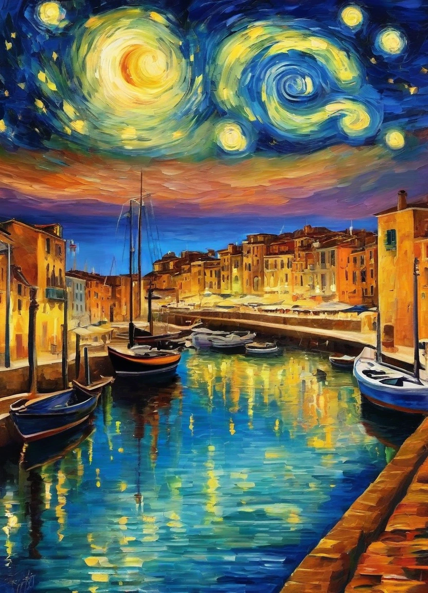 (A night city with twinkling stars facing the Mediterranean Harbor in Italy), Fine art photography style, dark coating style, The glittering cityscape is reflected like a mirror in the calm sea with no waves around the coastline. Painted using impressionist painting techniques. The beautiful scenery is reminiscent of Impressionist painter (Van Gogh's "Starry Night over the Rhône"). Everything from the use of color to the touch of the painting is artistic and a masterpiece. Ultra high resolution. 8k.