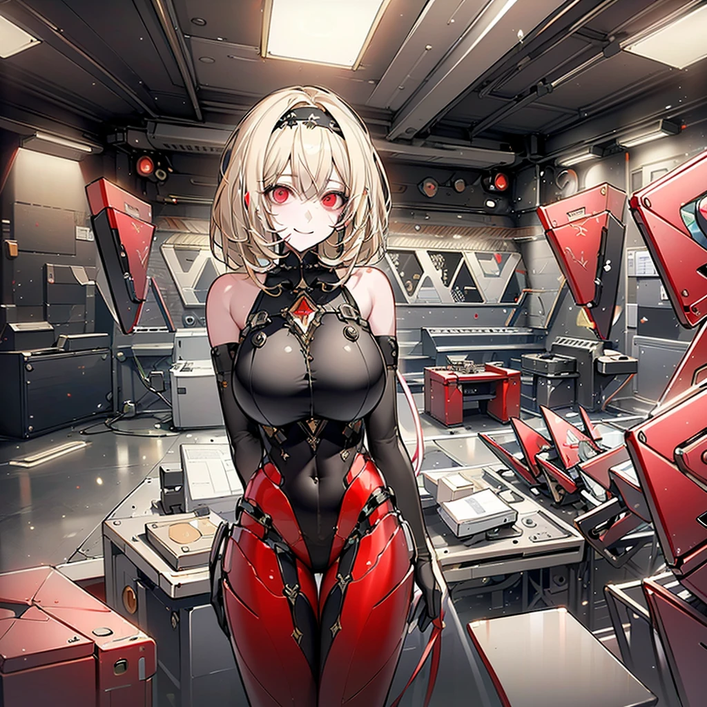 ((Best quality)), ((masterpiece)), (detailed:1.4), 3D, an image of a beautiful cyberpunk female, Yandere , Yandere Face , Trance , Trance Eyes , yameroyandere , constricted pupils , yandere , empty eyes . shaded face , crazy eyes , glowing red eyes , crazy smile , Redshoe , exposed bare shoulder , black headband , Black skintight bodysuit , Short Light Blond Hair , Black Arm Gloves , Red Eyes, Red Armor Leg, large breasts, HDR (High Dynamic Range),Ray Tracing,NVIDIA RTX,Super-Resolution,Unreal 5,Subsurface scattering,PBR Texturing,Post-processing,Anisotropic Filtering,Depth-of-field,Maximum clarity and sharpness,Multi-layered textures,Albedo and Specular maps,Surface shading,Accurate simulation of light-material interaction,Perfect proportions,Octane Render,Two-tone lighting,Wide aperture,Low ISO,White balance,Rule of thirds,8K RAW,