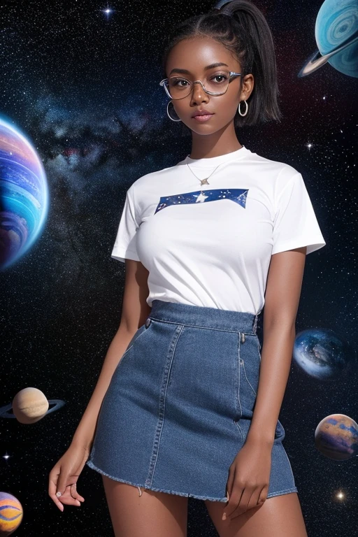 1girl dark skin, small breasts, wears thick-framed glasses that highlight her facial features, with short hair, ponytail and gray, silver shirt, Underneath the shirt she wears another tight shirt, with details in vibrant colors reminiscent of the stars and planets of outer space, and a blue skirt high-top boots with non-slip soles,