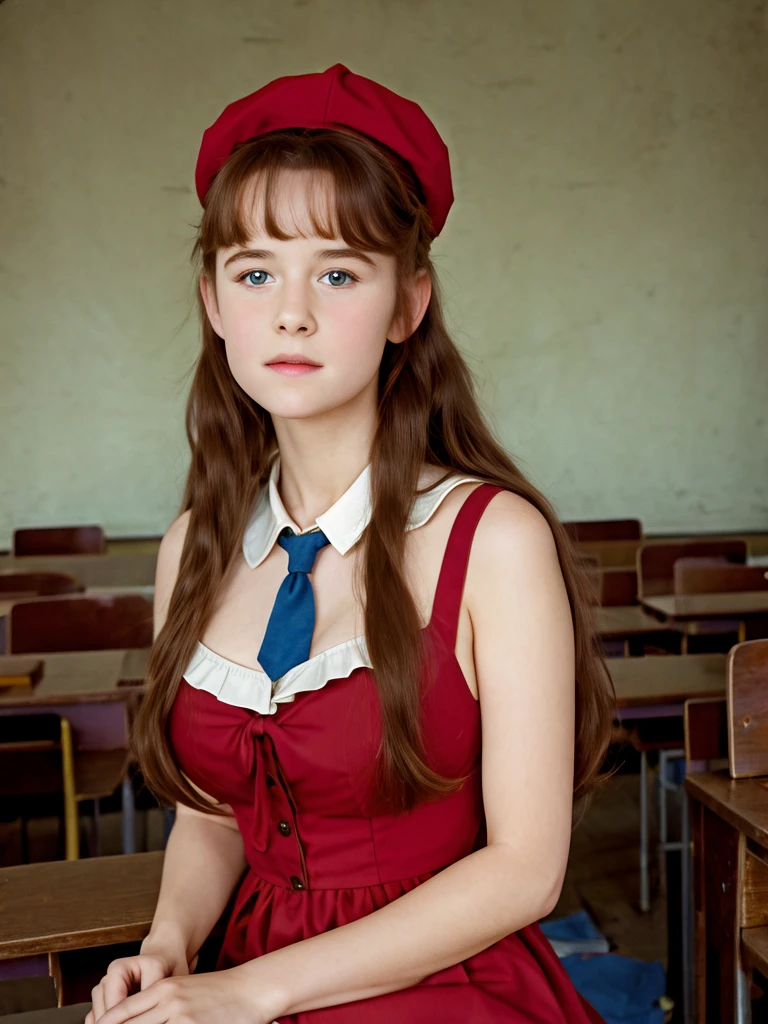 (best quality,4k,8k,highres,masterpiece:1.2),ultra-detailed,(realistic,photorealistic,photo-realistic:1.37), ((mittelalter, classroom, a young school girl, she wears dress, solo, shy)), ((very large bust size for her young age)), she wears beret, she wears no bra, braided red hair, pale skin