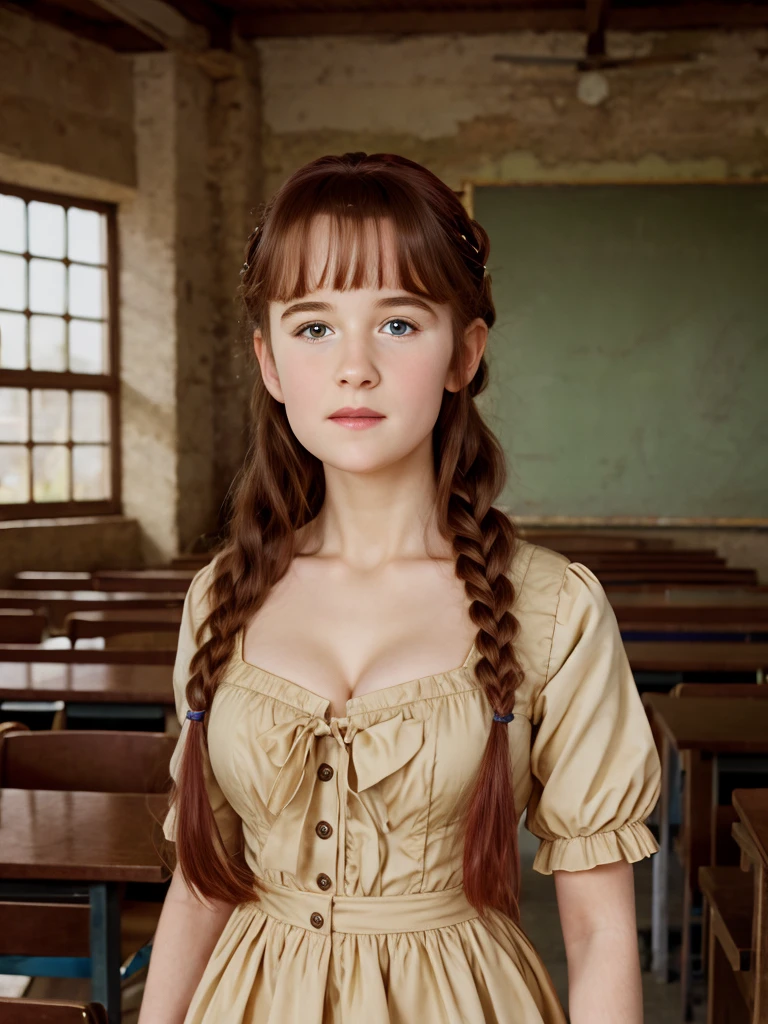 (best quality,4k,8k,highres,masterpiece:1.2),ultra-detailed,(realistic,photorealistic,photo-realistic:1.37), ((mittelalter, classroom, a young girl, she wears dress, solo, shy)), ((very large bust size for her young age)), she wears beret, she wears no bra, braided red hair, pale skin, full body